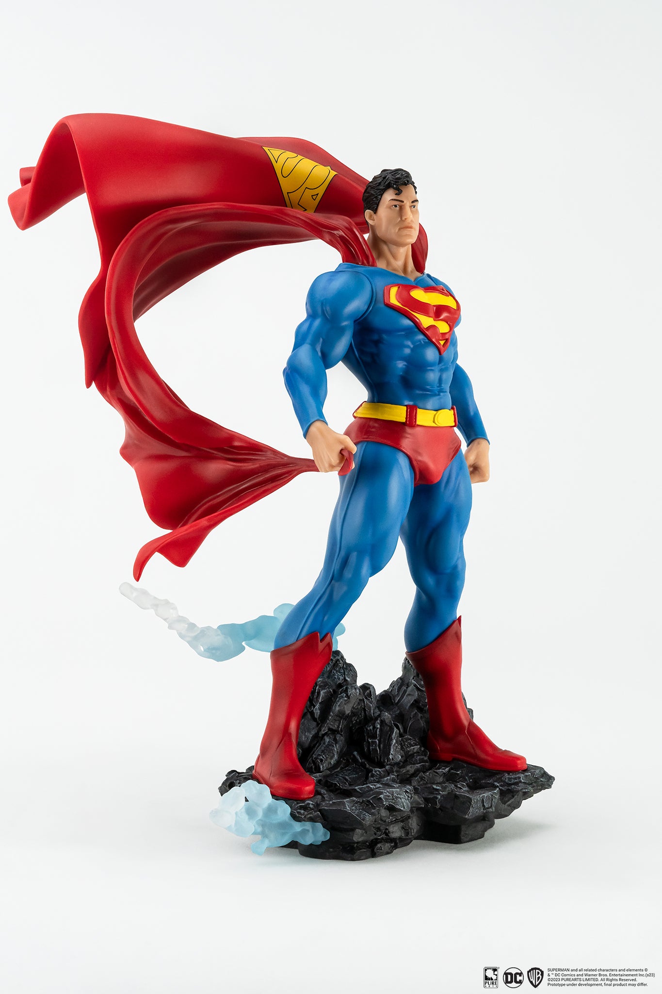 Full body shot of Superman from DC universe standing on top of tower in a  dynamic pose with ((metal-chrome))